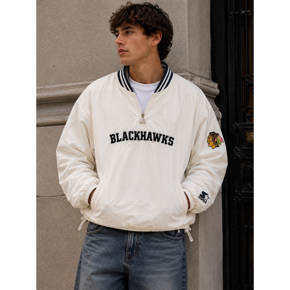 Vintage Starter Chicago Blackhawks NHL Quarter Zip Windbreaker Jacket White XL |
